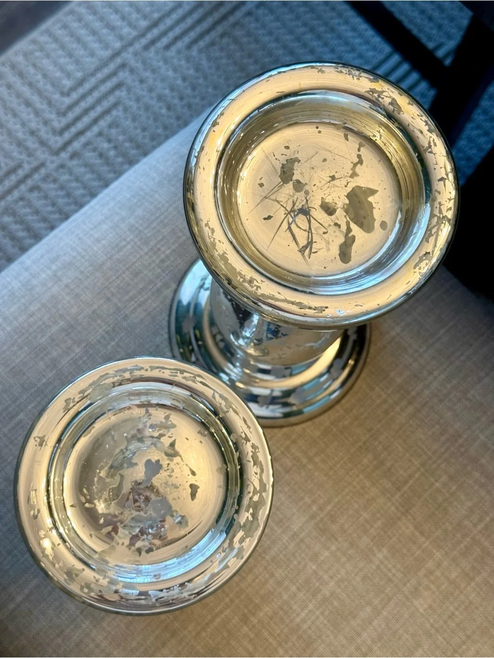 Retired Party-Lite  Mercury Glass Pillar Candle Holder Set - Silver/Champagne - Picture 3 of 5